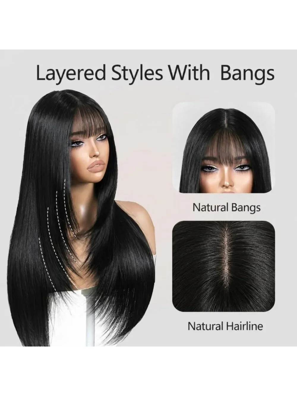 Chic Long Black Wig with Bangs | Straight Layered Style for Women’s Fashion